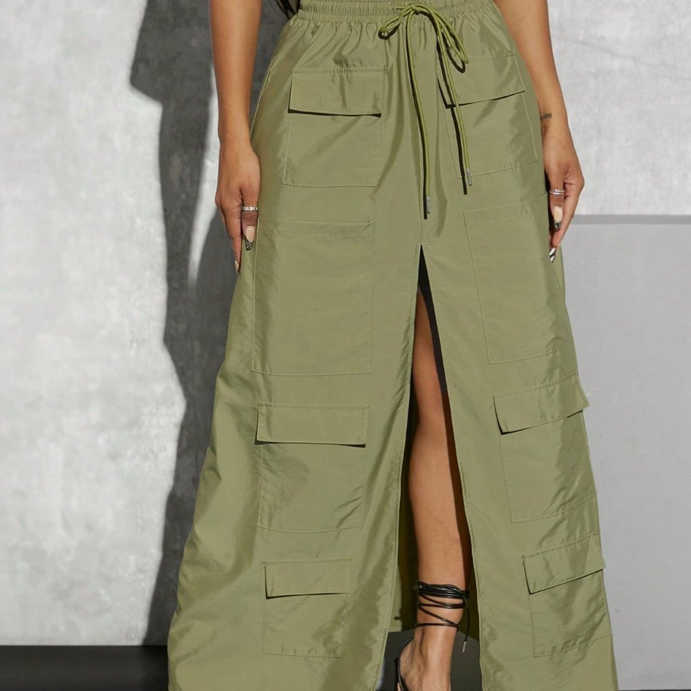 Army Green Casual Womens Flap Pocket Split Thigh Drawstring Waist Cargo Skirt - Picture 2 of 5